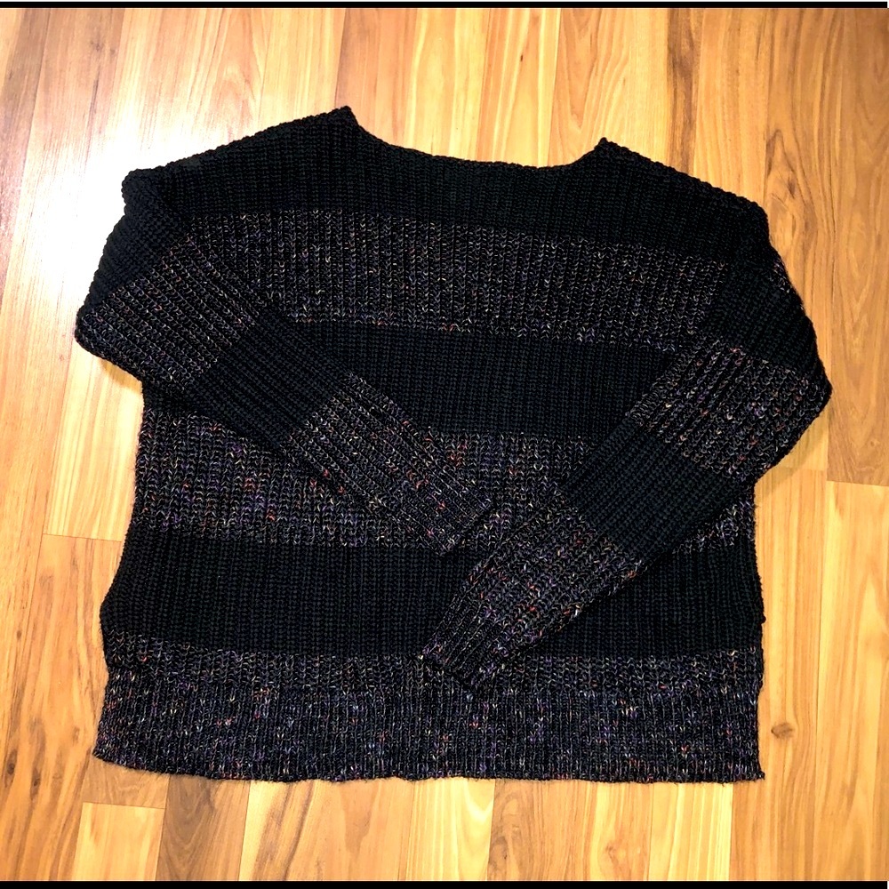 Black knit sweater with rainbow fleck stripes M NWOT